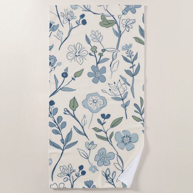 Dusty Blue Wildflower Meadow Botanical Pattern Beach Towel (Front)