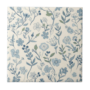 Dusty Blue Wildflower Meadow Botanical Pattern Ceramic Tile