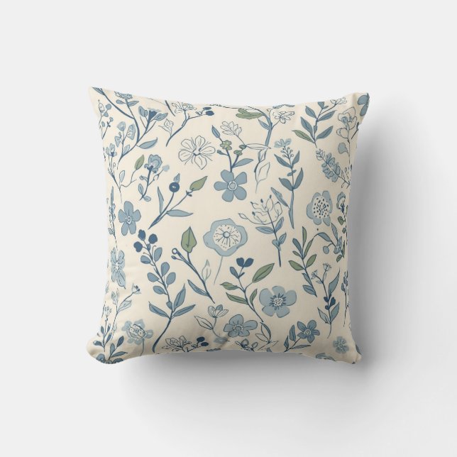 Dusty Blue Wildflower Meadow Botanical Pattern Cushion (Front)