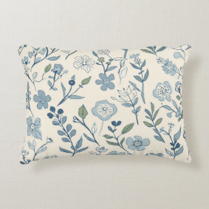 Dusty Blue Wildflower Meadow Botanical Pattern Decorative Cushion