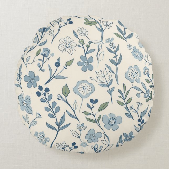 Dusty Blue Wildflower Meadow Botanical Pattern Round Cushion (Front)