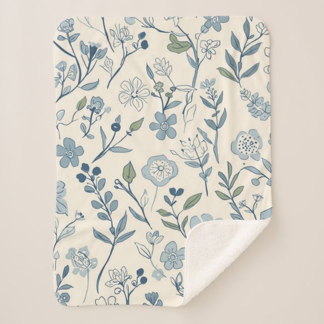 Dusty Blue Wildflower Meadow Botanical Pattern Sherpa Blanket (Front)