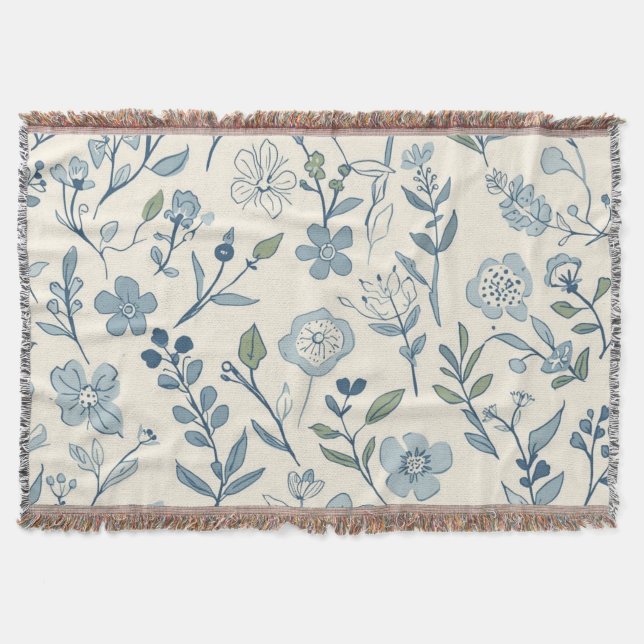 Dusty Blue Wildflower Meadow Botanical Pattern Throw Blanket (Front)
