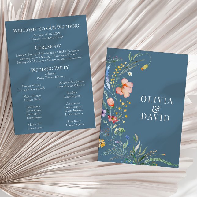 Dusty Blue Wildflower Meadow Wedding Program (Dusty Blue Wildflower Meadow Wedding Program on a sunny neutral dry palm leaf.)