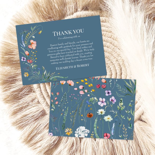 Dusty Blue Wildflower Meadow Wedding Thank You Card (Dusty Blue Wildflower Meadow Wedding Thank You Card on a sunny white table with boho decor.)