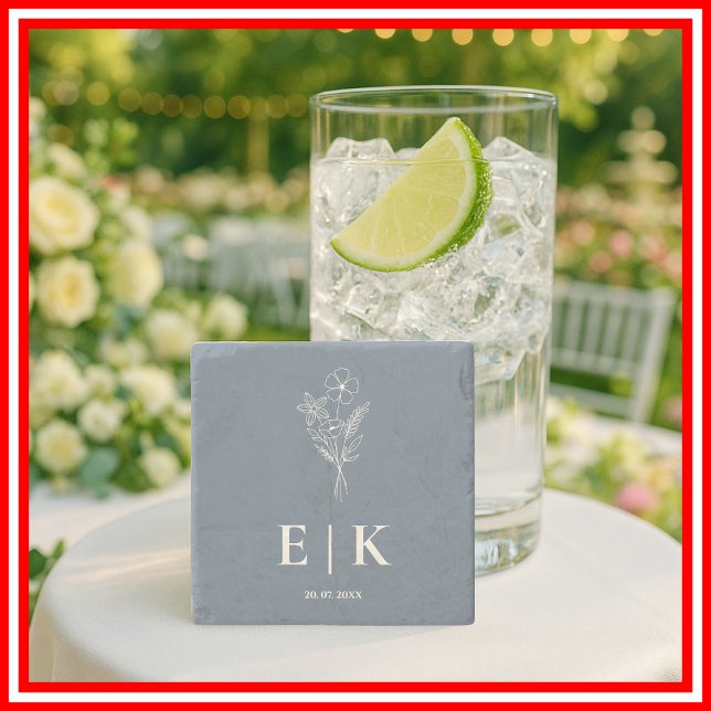 Dusty Blue Wildflower Monogram Wedding Stone Coaster (Creator Uploaded)