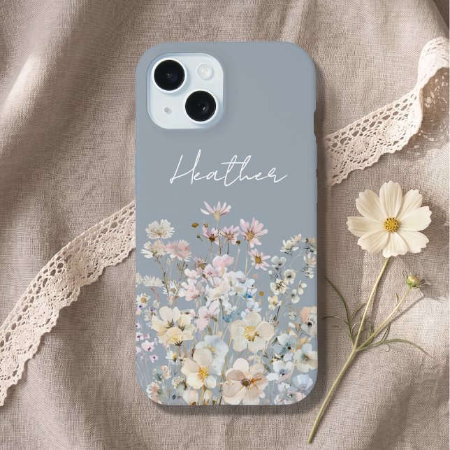 Dusty Blue Wildflower Personalised  iPhone 15 Case (Creator Uploaded)