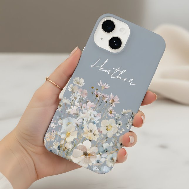 Dusty Blue Wildflower Personalized  iPhone Case (Creator Uploaded)