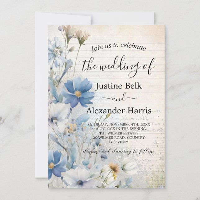 Dusty Blue Wildflower Photo QR Code Wedding Invitation (Front)