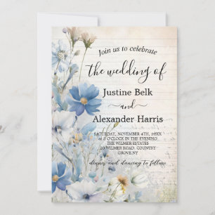 Dusty Blue Wildflower Photo QR Code Wedding Invitation