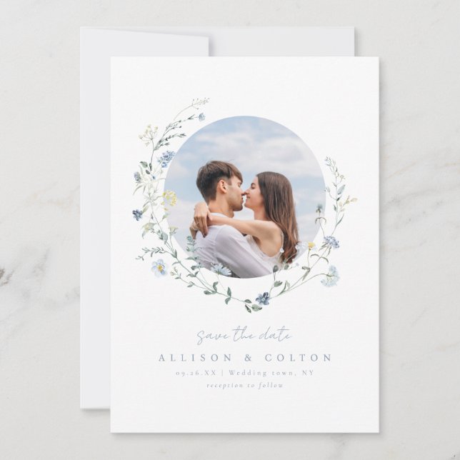 Dusty Blue Wildflower Rustic Boho Couples photo Save The Date (Front)