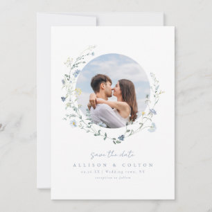 Dusty Blue Wildflower Rustic Boho Couples photo Save The Date