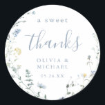 Dusty Blue Wildflower Rustic Boho thank you favour Classic Round Sticker<br><div class="desc">Elegant delicate watercolor wildflower wreath design with modern script. Pastel palettes of soft yellow,  off white,  sage green,  dusty blue,  and botanical greenery,  simple and romantic. Great for modern something blue rustic bridal shower party,   boho country garden wedding in spring and summer. 
See all the matching pieces in collection.</div>
