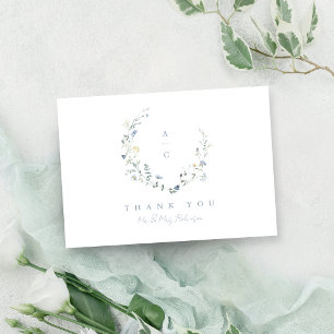 Dusty Blue Wildflower Rustic Boho Wedding monogram Thank You Card