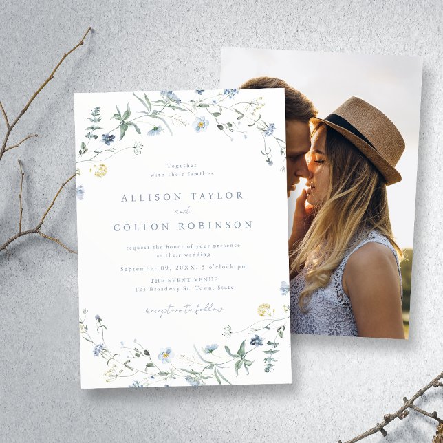 Dusty Blue Wildflower Rustic Boho Wedding Photo Invitation (Dusty Blue Wildflower Rustic Boho Wedding Photo Invitation)
