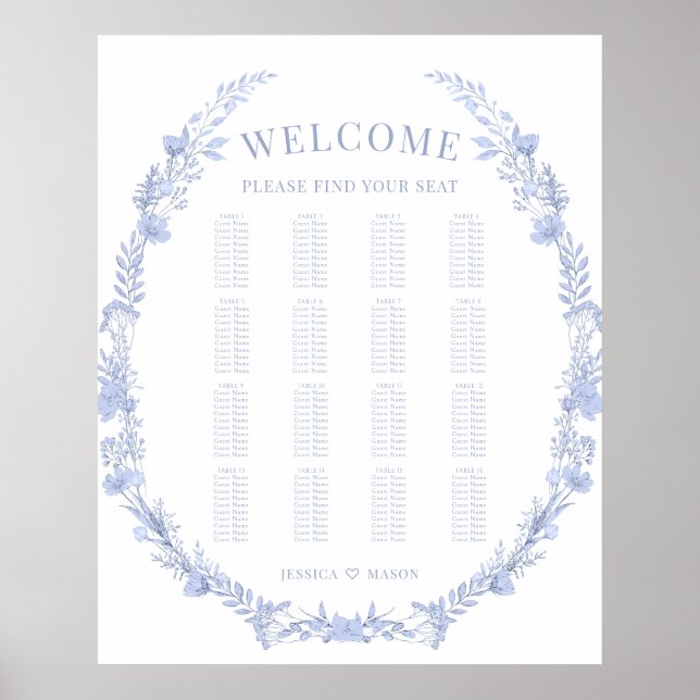 Dusty Blue Wildflower Rustic Wedding Seating Chart (Front)