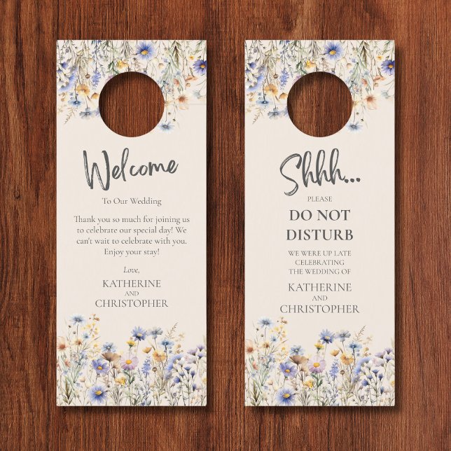 Dusty Blue Wildflower Shhh Do Not Disturb Wedding  Door Hanger (BOHO Blue Wildflower Wedding Shhh Door Hanger, with Welcome Message, Couple Names.)