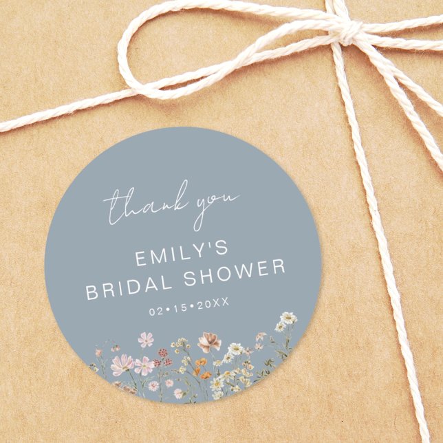 Dusty Blue Wildflower Thank You Bridal Shower Classic Round Sticker (Creator Uploaded)