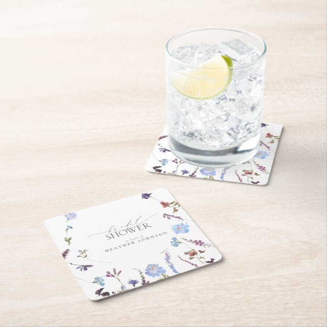 Dusty Blue Wildflower Watercolor Bridal Shower Square Paper Coaster (Insitu)