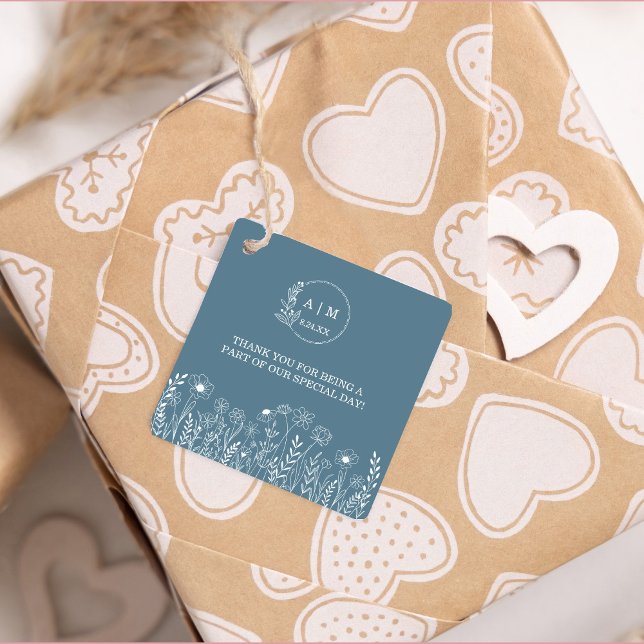 Dusty Blue Wildflower Wedding Favour Tags (Thank You wedding gift tag dusty blue with white wildflowers)