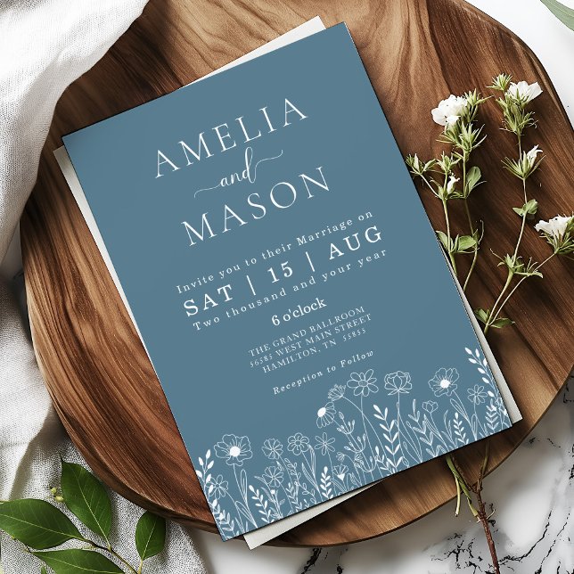 Dusty Blue Wildflower Wedding Invitation (Dusty Blue Minimal Floral Wildflower Wedding Invitation)