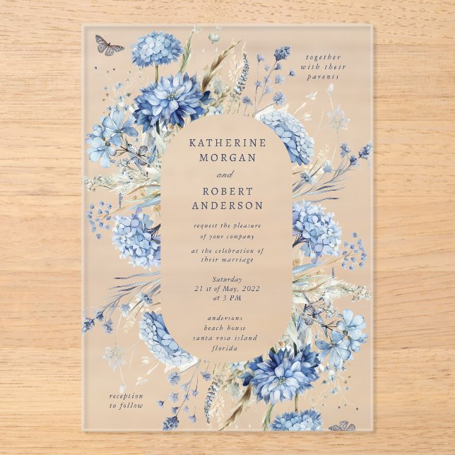 Dusty Blue Wildflower Wedding Invitation (Front)