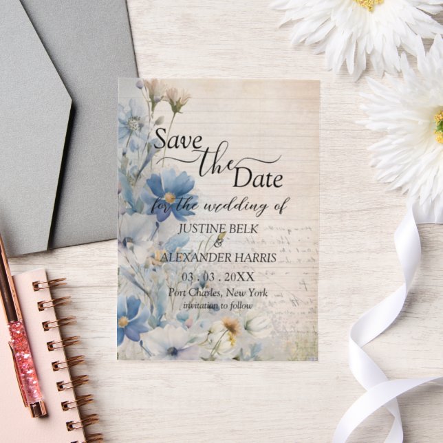 Dusty Blue Wildflower Wedding Save the Date Vellum Invitations (Wedding)