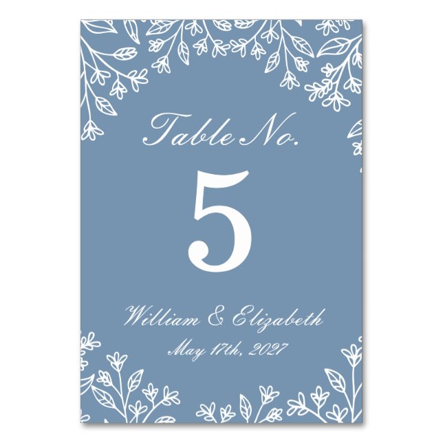 Dusty Blue Wildflower Wedding Table Number (Front)