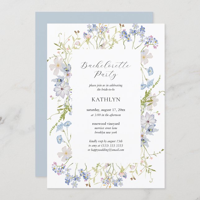 Dusty Blue Wildflower Whimsical Bachelorette Party Invitation (Creator Uploaded)