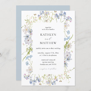 Dusty Blue Wildflower Whimsical Modern Wedding Invitation