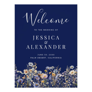 Dusty Blue Wildflowers 24x36 Navy Wedding Welcome Poster