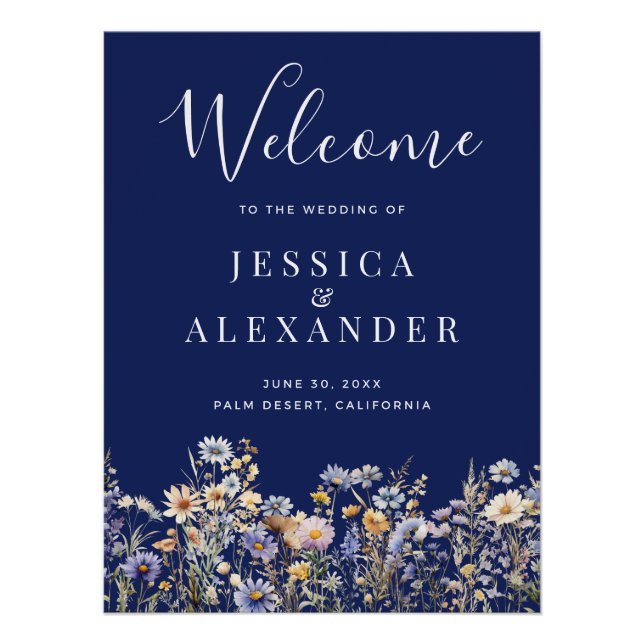 Dusty Blue Wildflowers 24x36 Navy Wedding Welcome Poster (Front)