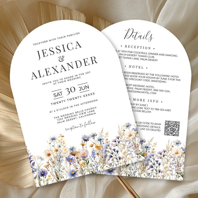 Dusty Blue Wildflowers All In One QR Code Wedding Invitation (Dusty Blue Wildflowers All In One QR Wedding Invitation with Reception, Hotel, RSVP on Back.)