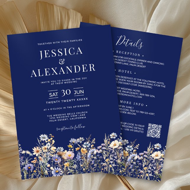 Dusty Blue Wildflowers All In One QR Navy Wedding Invitation (Dusty Blue Wildflower All In One QR Code Navy Wedding Invitation with Reception, Hotel, RSVP on Back)