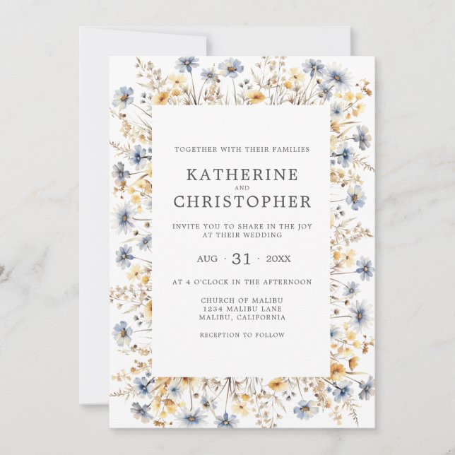 Dusty Blue Wildflowers Budget All In One Wedding Invitation (Front)