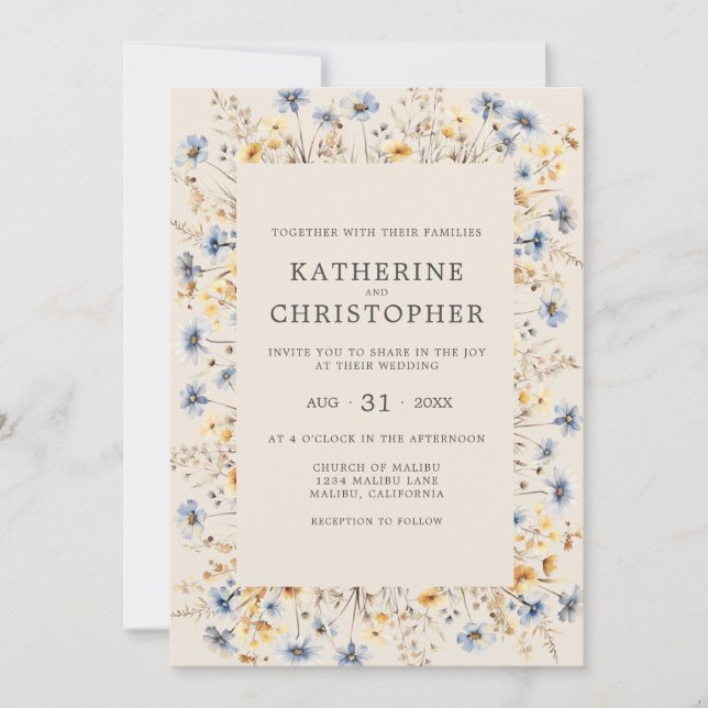 Dusty Blue Wildflowers Budget Beige Wedding Invitation (Front)