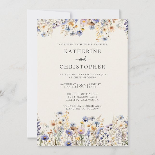 Dusty Blue Wildflowers Budget Ivory Wedding Invitation (Front)