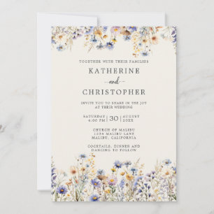 Dusty Blue Wildflowers Budget Ivory Wedding Invitation