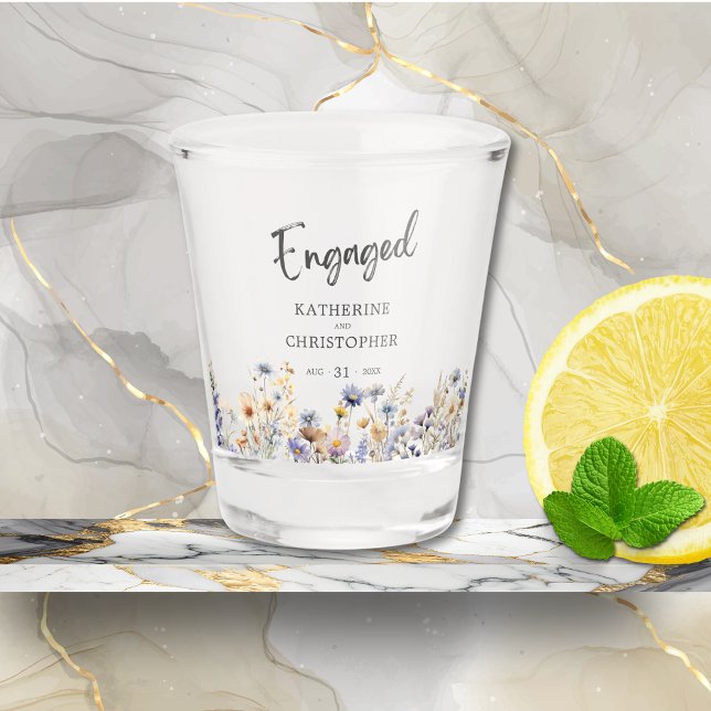 Dusty Blue Wildflowers Custom Engagement Party Shot Glass (Custom Dusty Blue Wildflowers Engagement Party Shot Glass Favor, Couple Names, Date.)