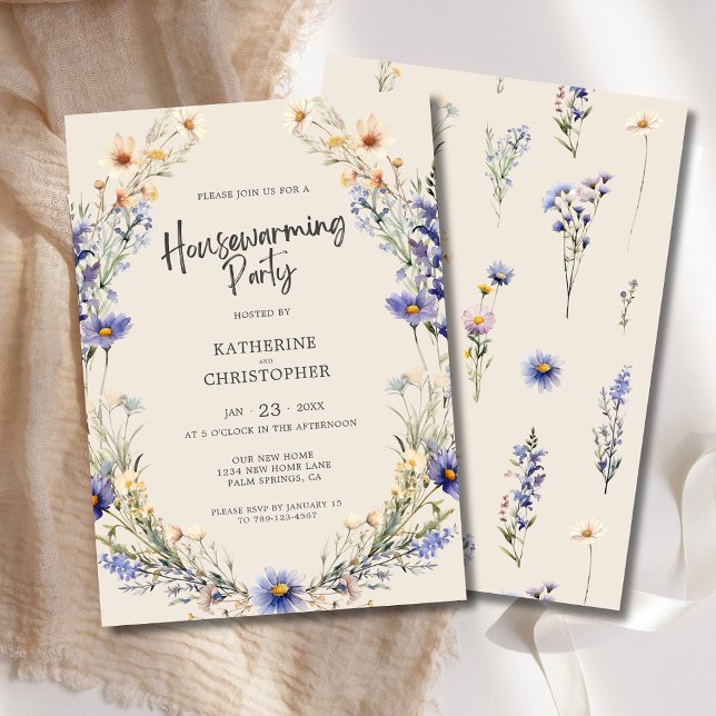 Dusty Blue Wildflowers Custom Housewarming Party Invitation (Dusty Blue Wildflowers Custom Housewarming Party Invitation with Couple's Names and Party Details.)