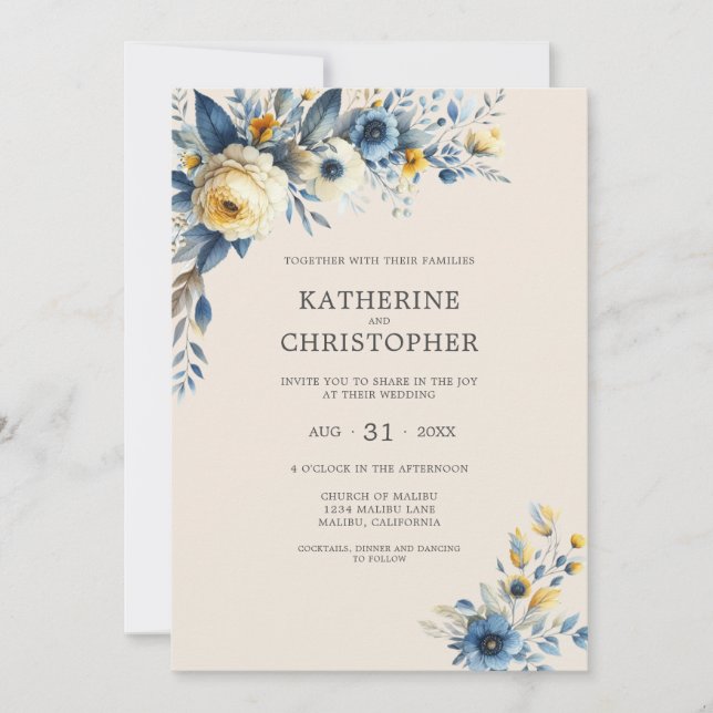 Dusty Blue Wildflowers Elegant Beige Wedding Invitation (Front)