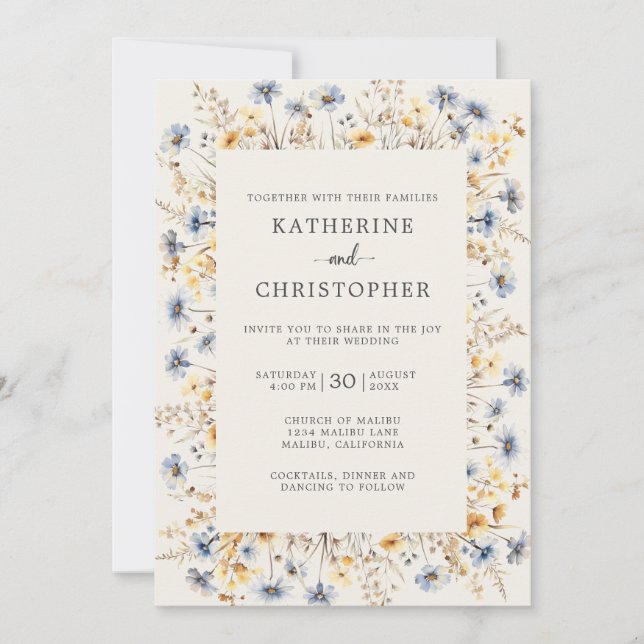 Dusty Blue Wildflowers Elegant Ivory Wedding Invitation (Front)