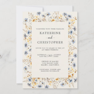 Dusty Blue Wildflowers Elegant Ivory Wedding Invitation