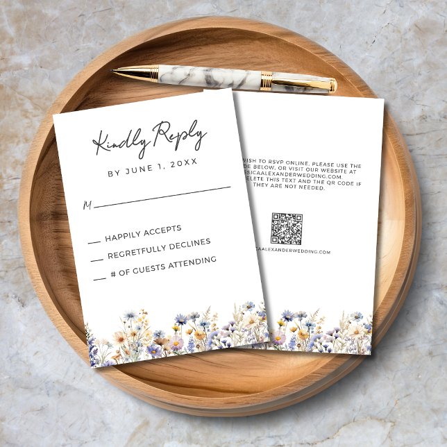 Dusty Blue Wildflowers Elegant QR Code Wedding RSVP Card (Dusty Blue Wildflowers Elegant Script Wedding RSVP Card with QR Code, Wedding Website.)