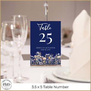 Dusty Blue Wildflowers Elegant Script Navy Wedding Table Number