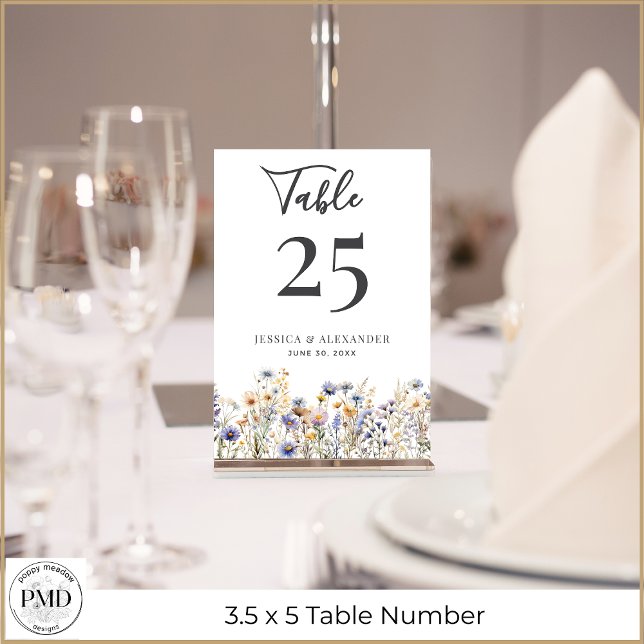 Dusty Blue Wildflowers Elegant Script Wedding Table Number (Dusty Blue Wildflowers Elegant Script Wedding Table Number with Couple Names, Wedding Date.)