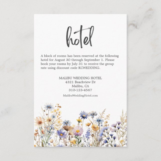 Dusty Blue Wildflowers Elegant Wedding Hotel Enclosure Card (Front)