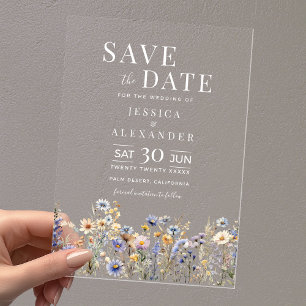 Dusty Blue Wildflowers Elegant Wedding Save Date Acrylic Invitations