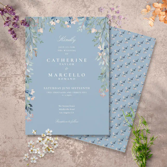 Dusty Blue Wildflowers Floral Greenery Wedding Invitation | Zazzle