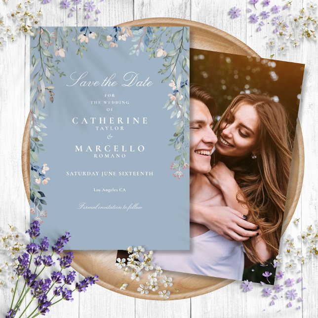 Dusty Blue Wildflowers Floral Photo Wedding Save The Date (Dusty Blue Wildflowers Floral Photo Wedding Save The Date)
